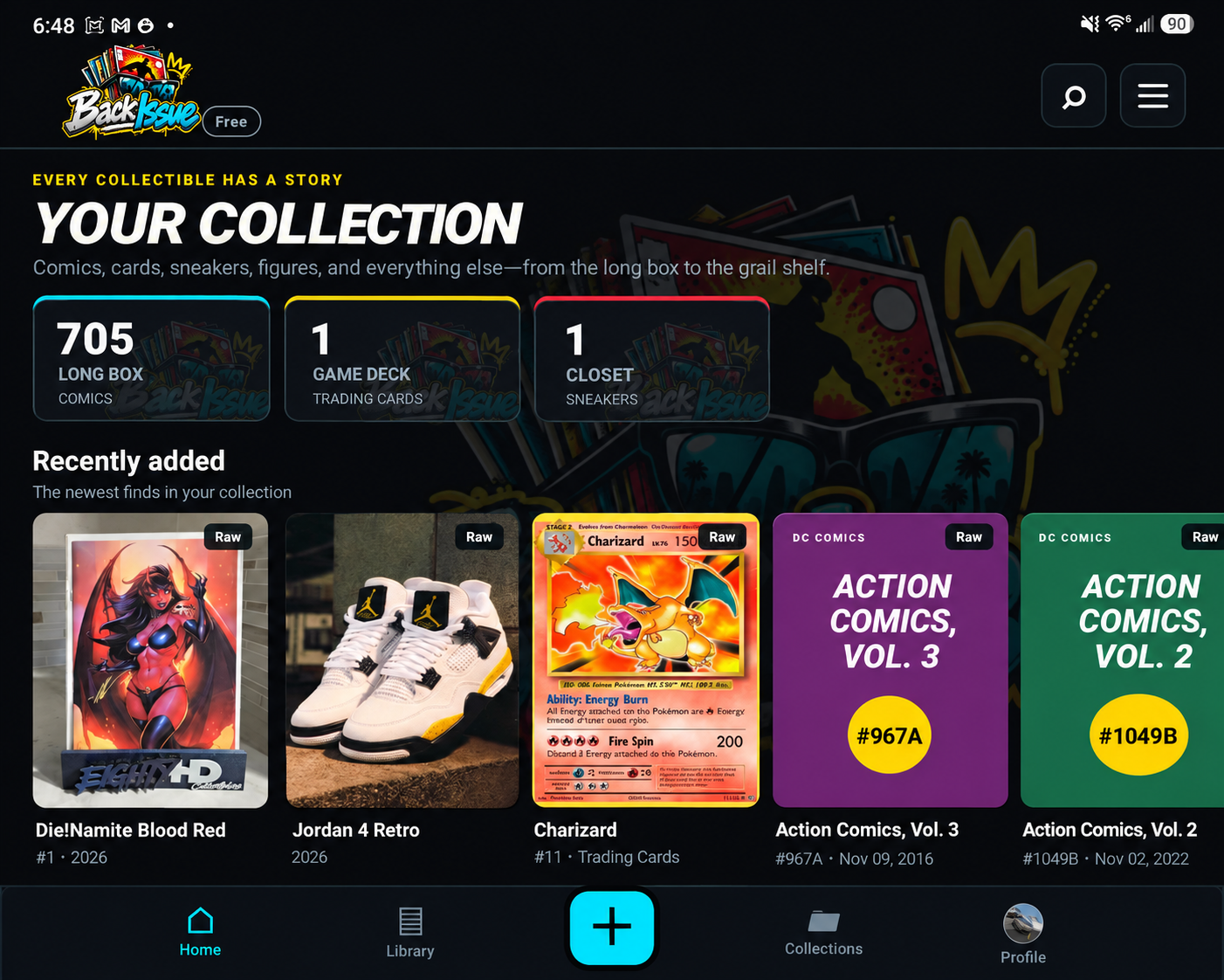 The real BackIssue app interface on an unfolded folding phone